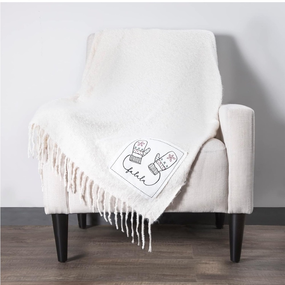 Rae Dunn White Holiday Blanket with Mittens Design